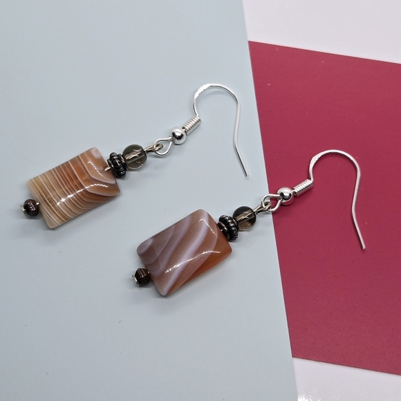 Vintage Gemstone Pink To Tan Nature Stones Earrings In Silver 925 Hooks - Picture 16 of 17